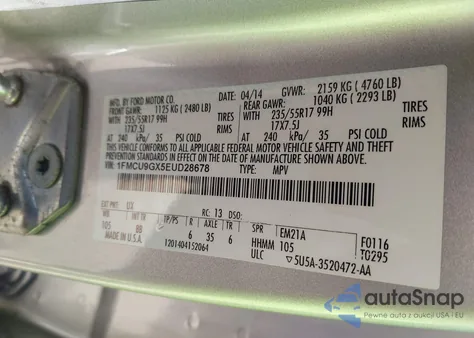 2014 Ford Escape Se z USA, uszkodzony, nr VIN 1FMCU9GX5EUD28678